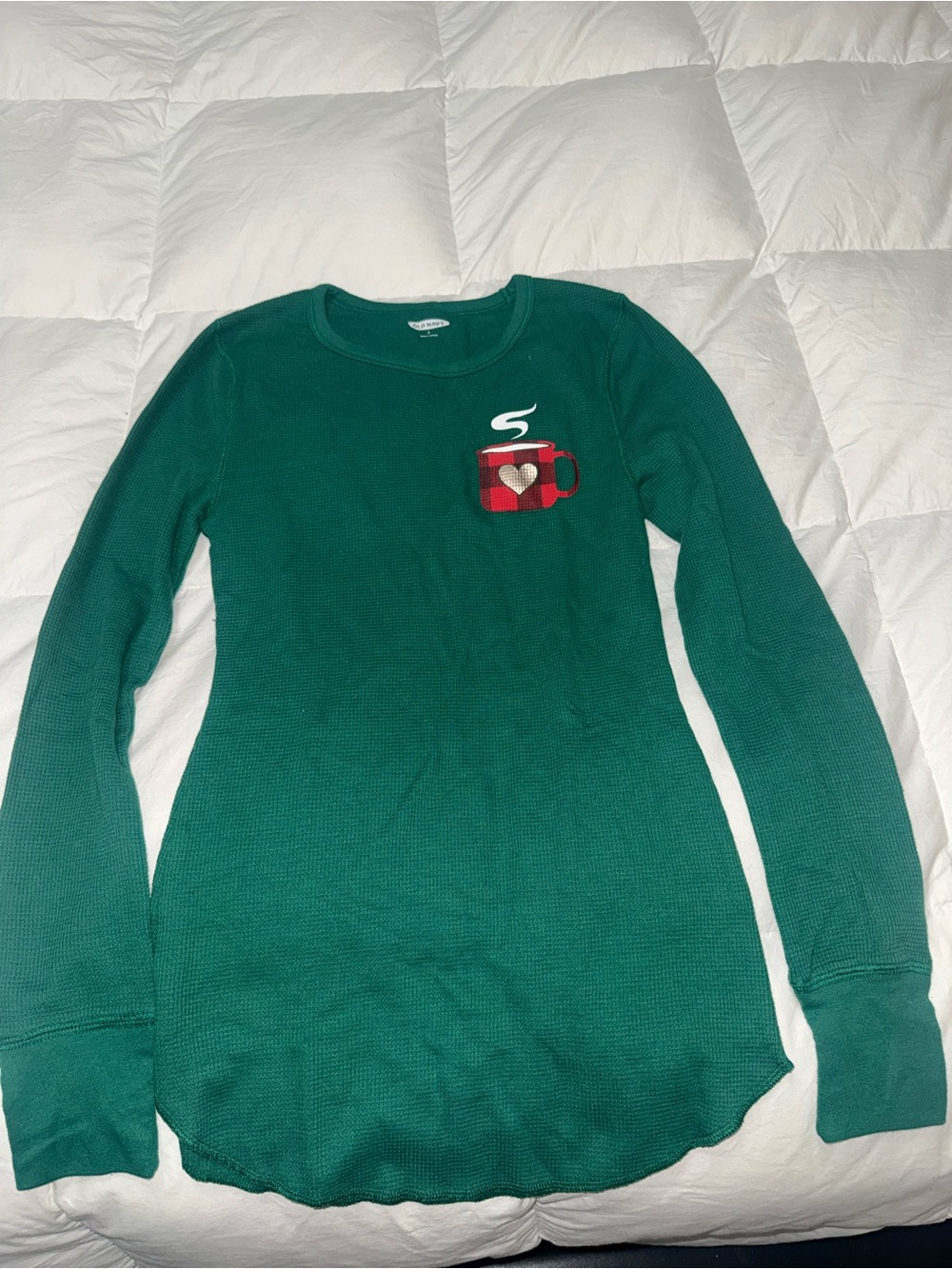 Women's Christmas Green Thermal Long Sleeve Top with Red Plaid Mug Appliqué